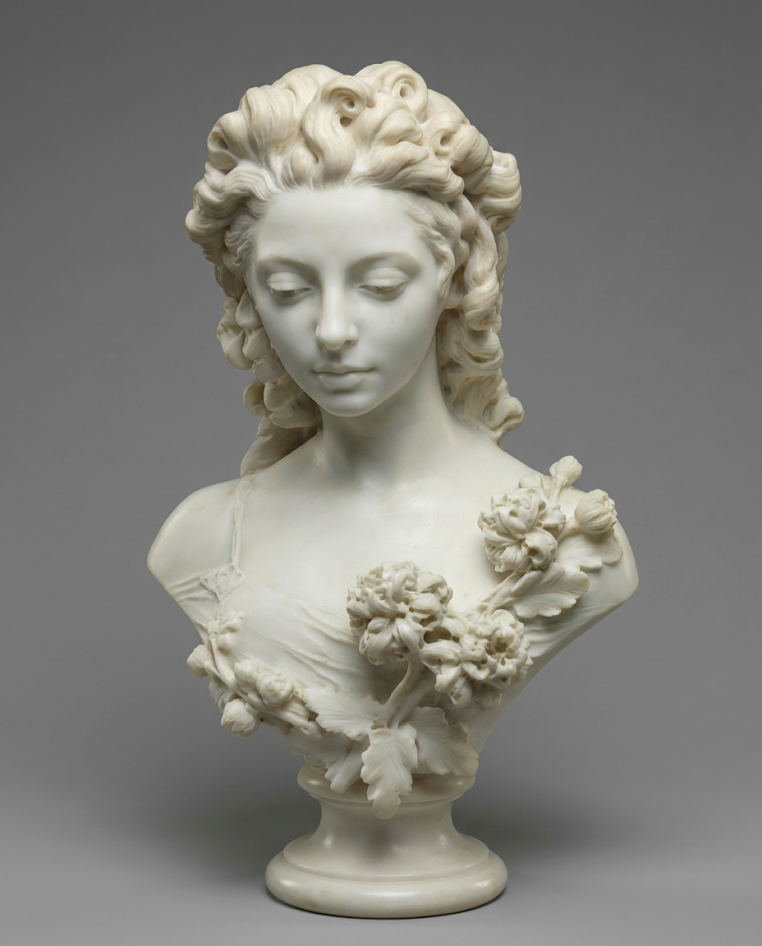 Custom 3D-printed plaster bust of a woman, created from a photograph by AION SIGNA.
