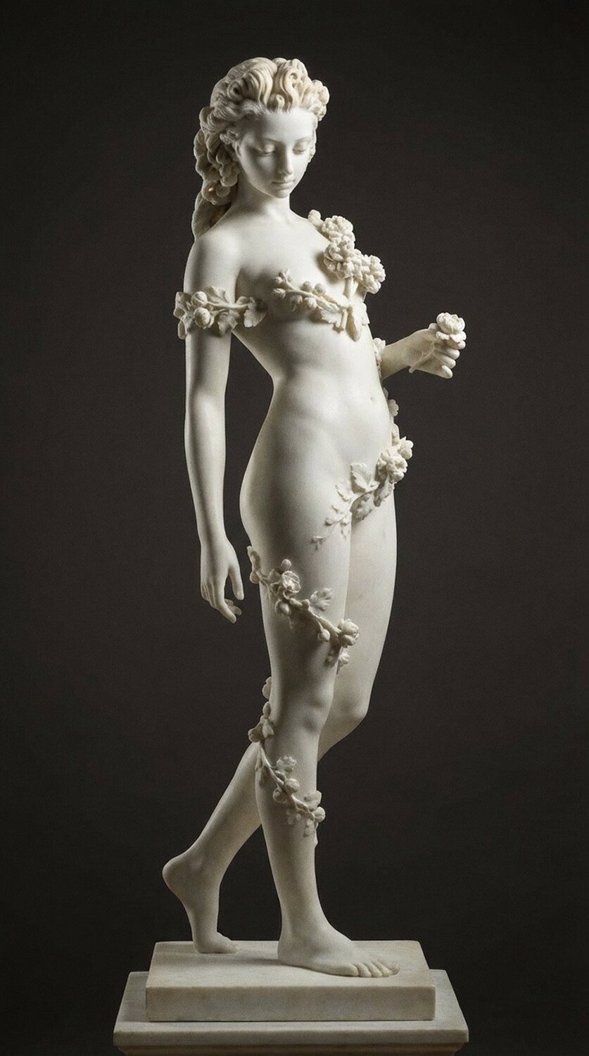 Custom 3D-printed plaster sculpture of a woman, created from a photograph by AION SIGNA.
