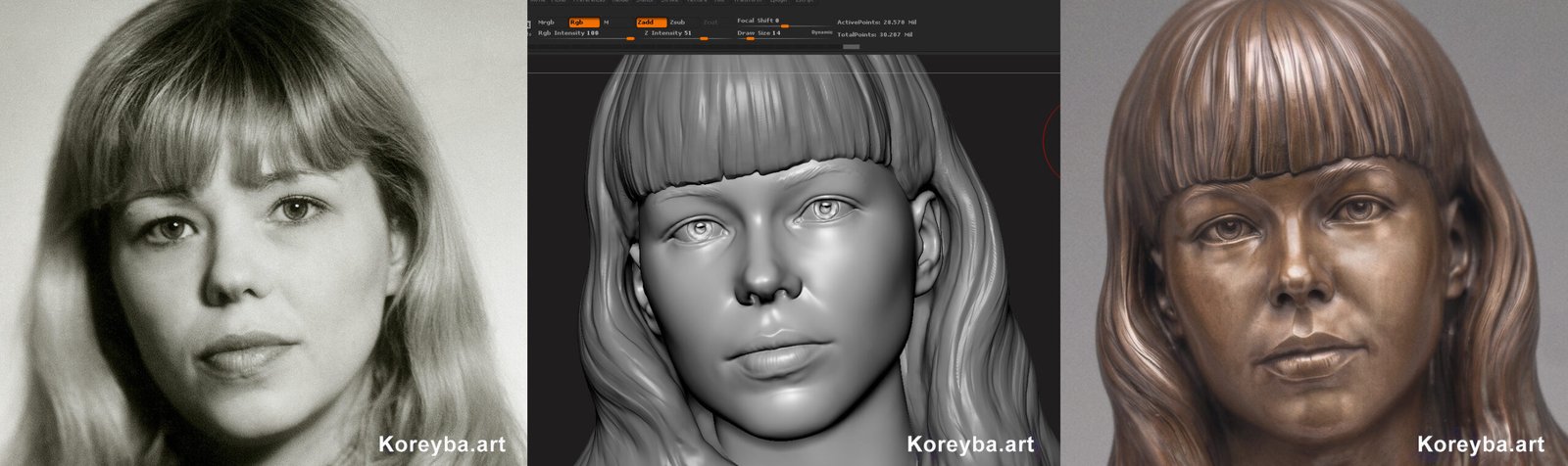 Custom 3D female bronze bust sculpture created from a photograph by Koreyba. Copy ALT text
